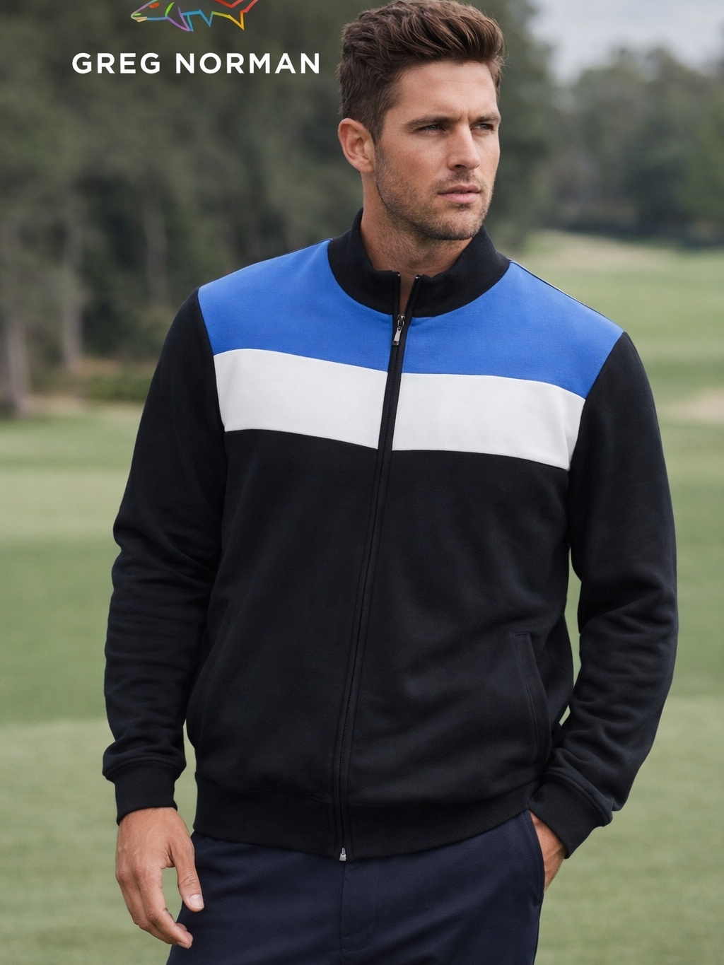 Greg Norman Collection Black, Blue & White Colorblock Zip Bomber